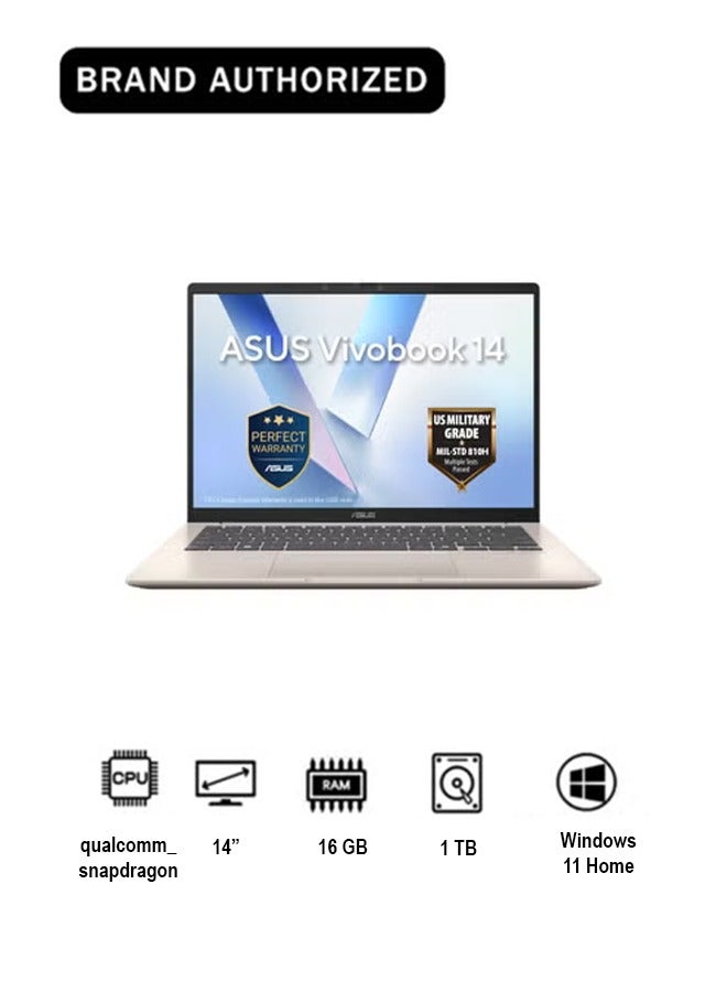 Compare Vivobook 14 14inch display with 16 GB RAM1 Terabyte StorageSnapdragon X  X1 26 100Platinum GoldX1407QALY146WWindows 11 Home EnglishArabic Platinum Gold at KSA Price