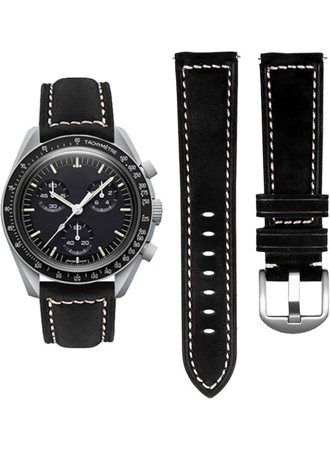 Compare 20mm Black Leather Quick Release Watch Strap with White Contrast Stitching, Universal for Omega x Swatch MoonSwatch, Rolex, SEIKO at KSA Price
