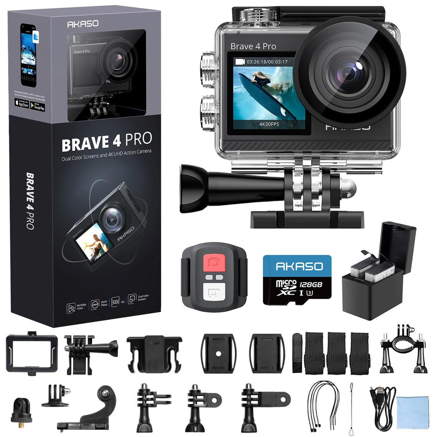 Compare AKASO Brave 4 Pro 4K30 Action Camera with 128GB MicroSD U3 Card, 131FT Underwater Waterproof Camera EIS Touch Screen Remote Control with 2x1350mAh Batteries and Helmet Accessories Kit Bundle at KSA Price