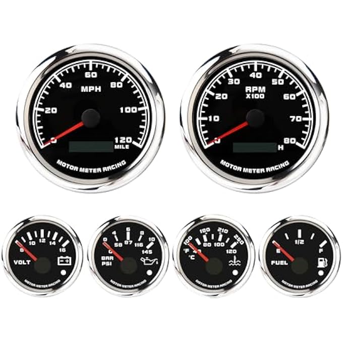 Compare W Pro Series 6 Gauge Set  85Mm 338 Gps Speedometer  Tachometer 52Mm 2116 Volt Fuel Level Water Temperature  Oil Pressure Black Dial White Led  For Car Boat  Truck at KSA Price