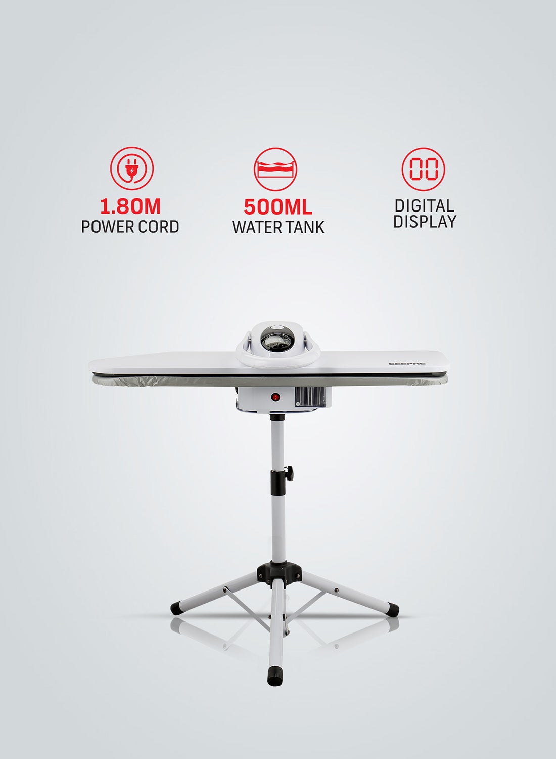 Compare 34 Inch Digital Steam Press with Stand, Equipped with 34x10.5 Metal Plate , Suitable for All Kinds of Fabric and Safe for Delicate Fabrics, 500 ML Capacity Water tank,  Automatic Temperature Control 500 ml 2200 W GSP25036 White at KSA Price