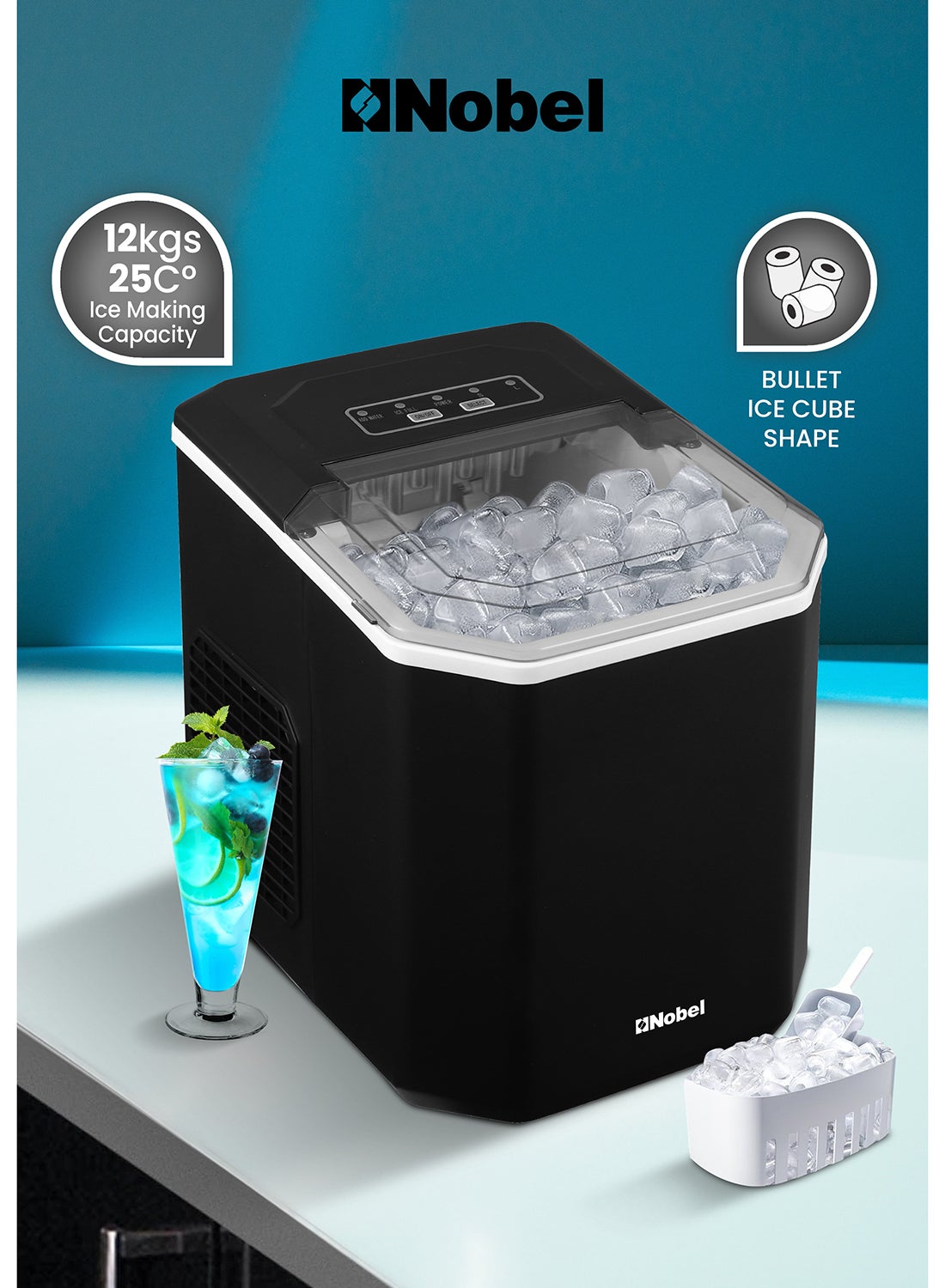 Compare Ice Maker, 12Kgs 25°C Ice Capacity Daily, 1.3L Water Tank Storage, Bullet Ice Cube Shape, Water Shortage Indicator,Infrared Sensor, LED Display, R600a Refrigerant 12 kg 100 W NIM15S Black at KSA Price