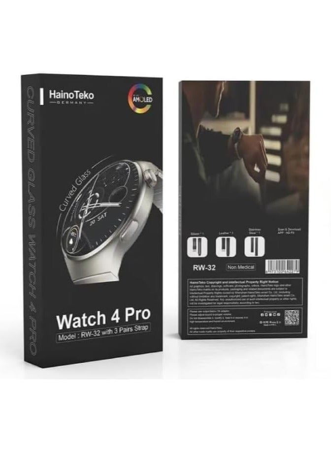 Compare RW32 Watch 4 Pro CURVED Glass smartwatches with 3 pair straps at KSA Price