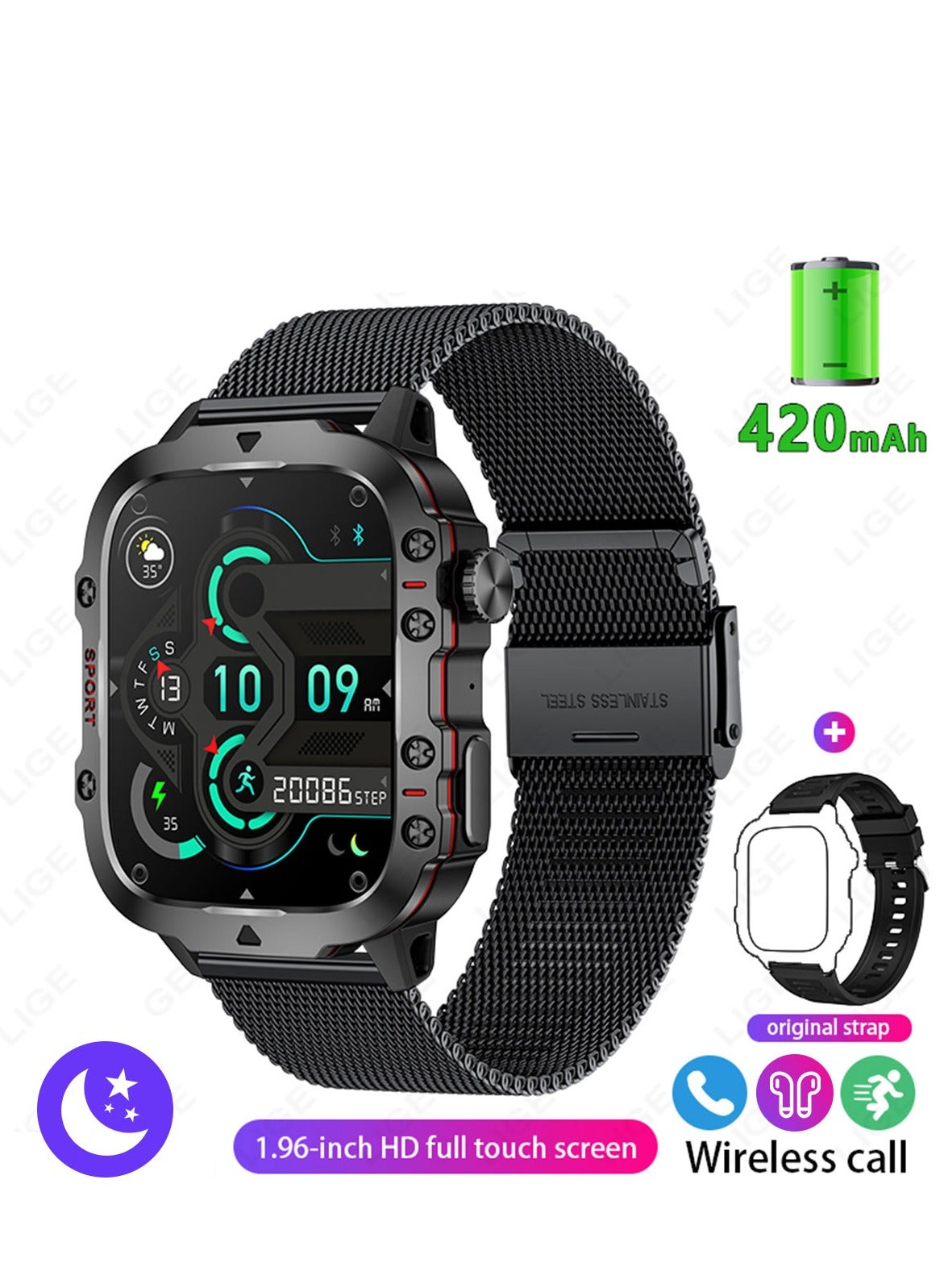 Compare LIGE 1.96 HD Screen 420 mAh Sports Smart Watch Men Waterproof Bluetooth Calling Health Monitoring 100+ Sports Mode Men Smart Watches Black at KSA Price