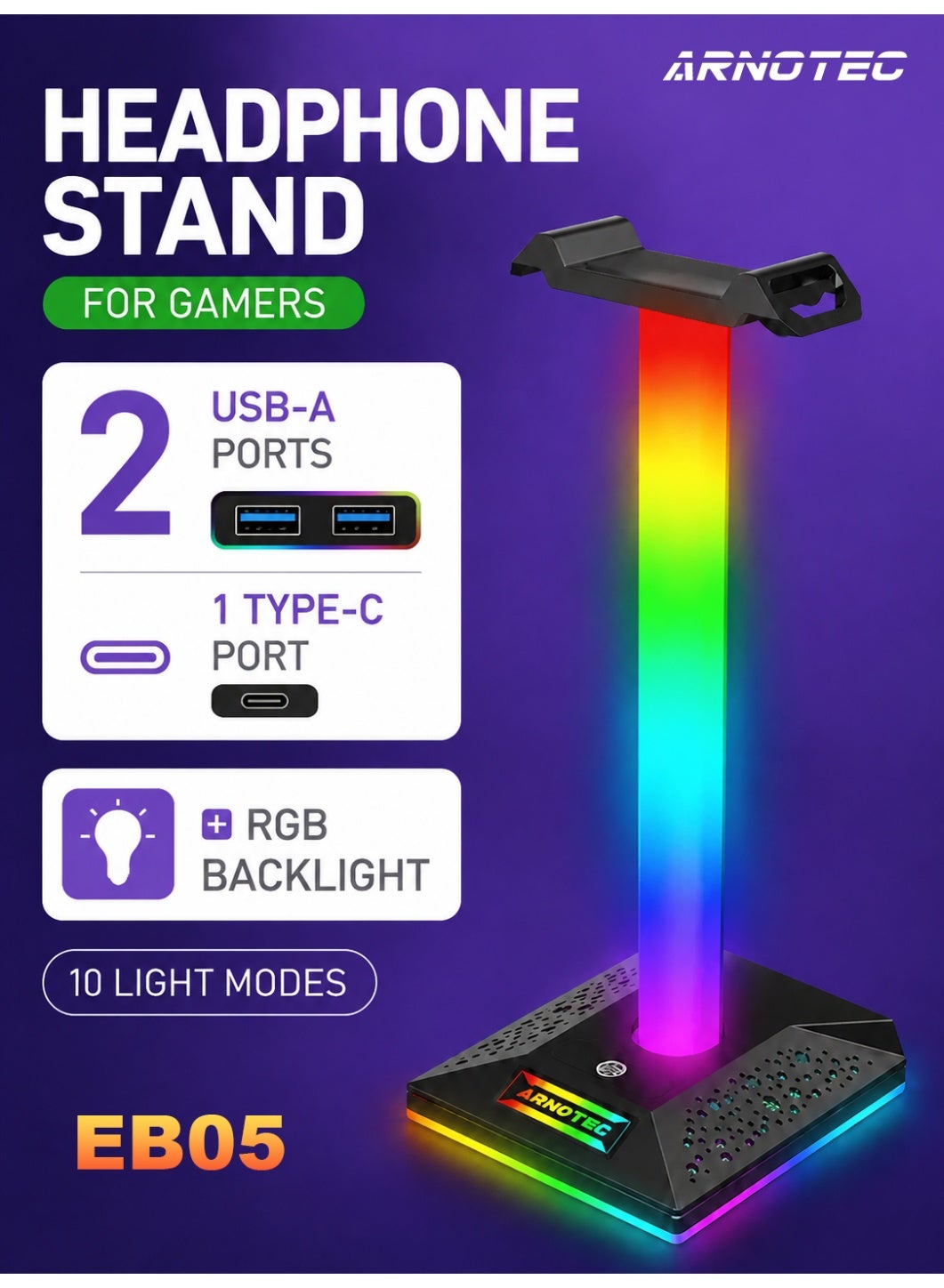 Compare EB05 RGB Gaming Headphone Stand Holder with Touch Control Light Effects, 2 USB Ports & TypeC Support for Charging and Data Transfer at KSA Price
