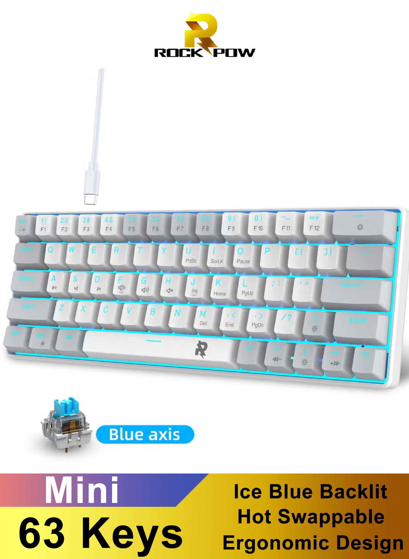 Compare ROCK POW 60% Wired Mechanical Gaming Keyboard 63 keys Ice Blue Backlit UltraCompact Mini Keyboard Mini Compact Keyboard for PCMac Gamer Typist Easy Carry on Trip Blue Switch at KSA Price