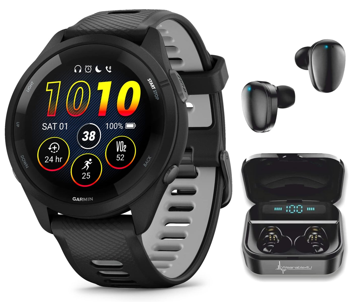 Compare Wearable4U Garmin Forerunner 265 Music GPS Running 46 mm Smartwatch, Black with AMOLED 1.3 in Touchscreen Display Black Earbuds Bundle at KSA Price