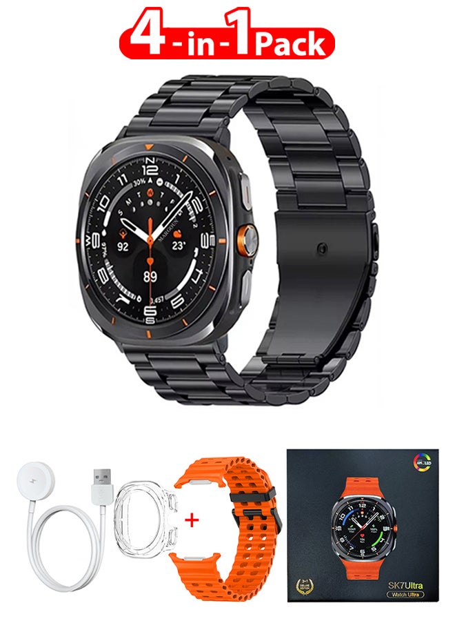 Compare SK7 Ultra Smartwatch Bundle With Accessories Including 1 Black Stainless Steel Band 1 Orange Silicone Band a Charging Cable and a TPU Case Protector Orange at KSA Price