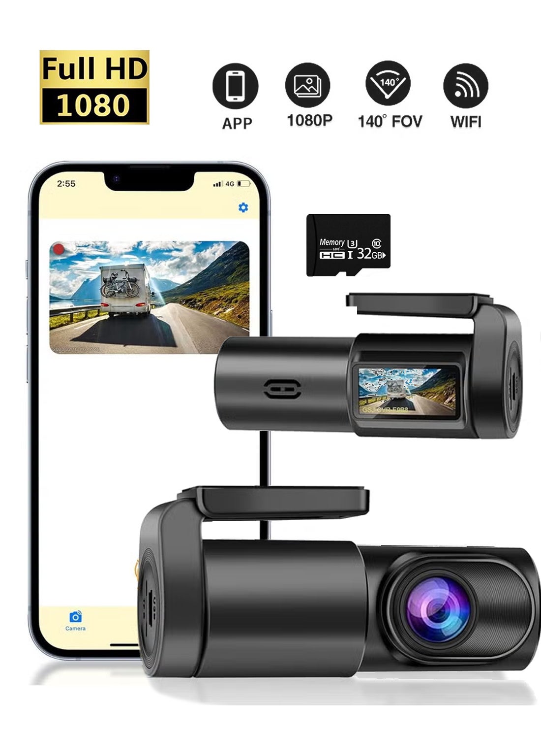 Compare 1080P Full HD WiFi Dash Cam with GPS & Free 32GB SD Card – Night Vision, 140° WideAngle, 360° Rotating Car Camera, APP Control, WDR, Loop Recording ?Black? at KSA Price