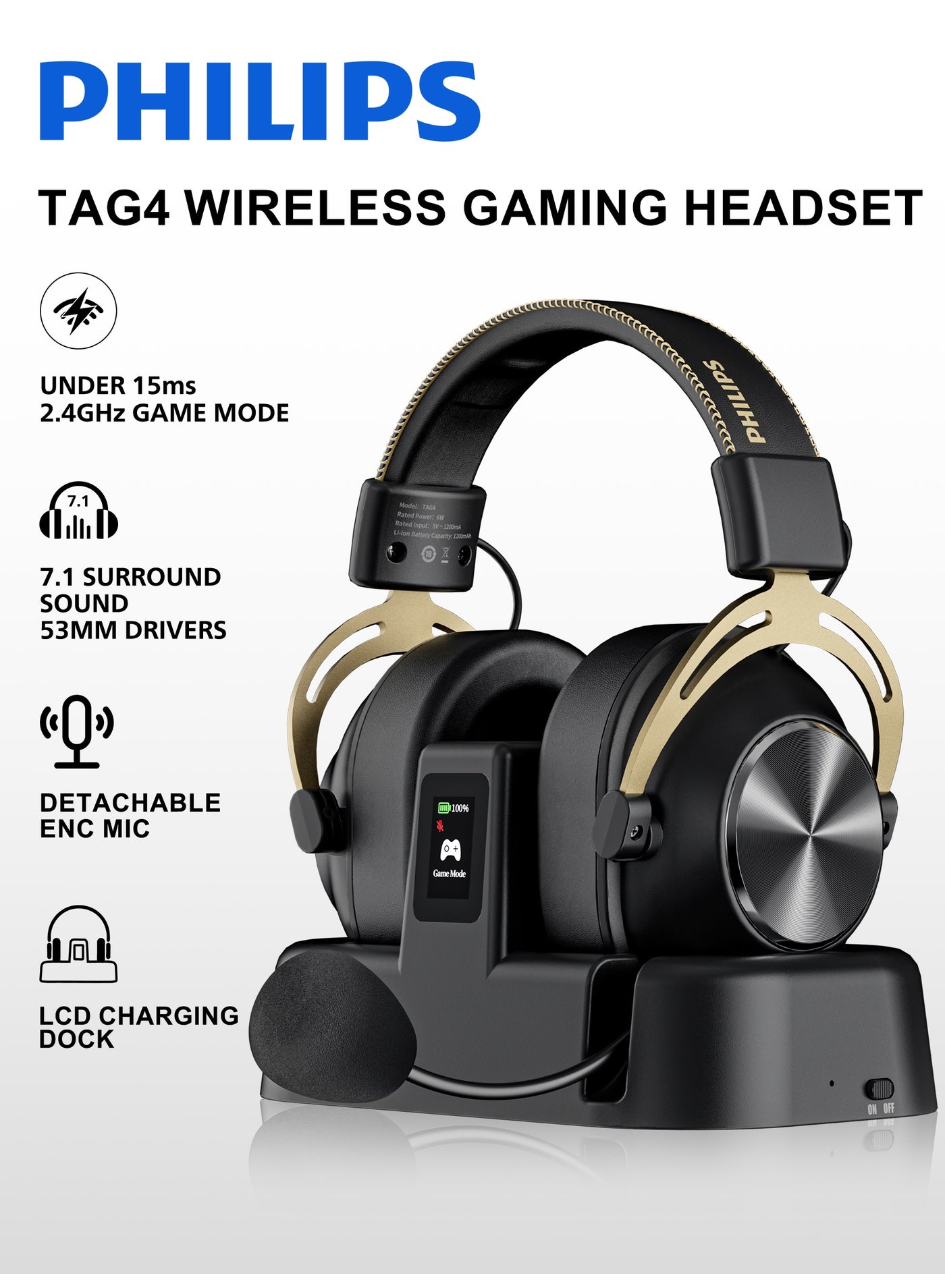 Compare PHILIPS TAG4 Wireless Gaming Headset, 7.1 Surround Sound, for PS5PS4PCSwitchMobile, Smart LCD Dock with Wireless Receiver, Under 15ms 2.4GHz Low Latency, 53mm Drivers, Detachable ENC Microphone, 90H Battery Life, 2.4GHzBluetooth 5.4Wired at KSA Price