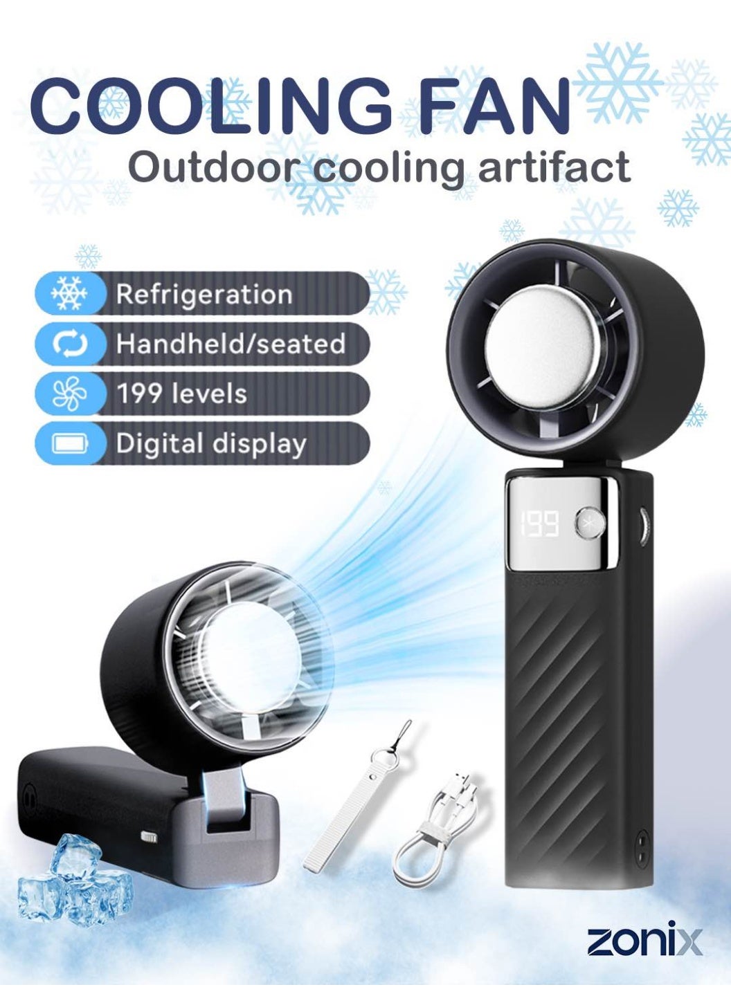 Compare Portable Handheld Fan with 199Speed Adjustable  ICE Ceramic Cooling, 4000mAh Battery, Digital Display, 3in1 Foldable Turbo Fan for TravelCampingOffice Black at KSA Price