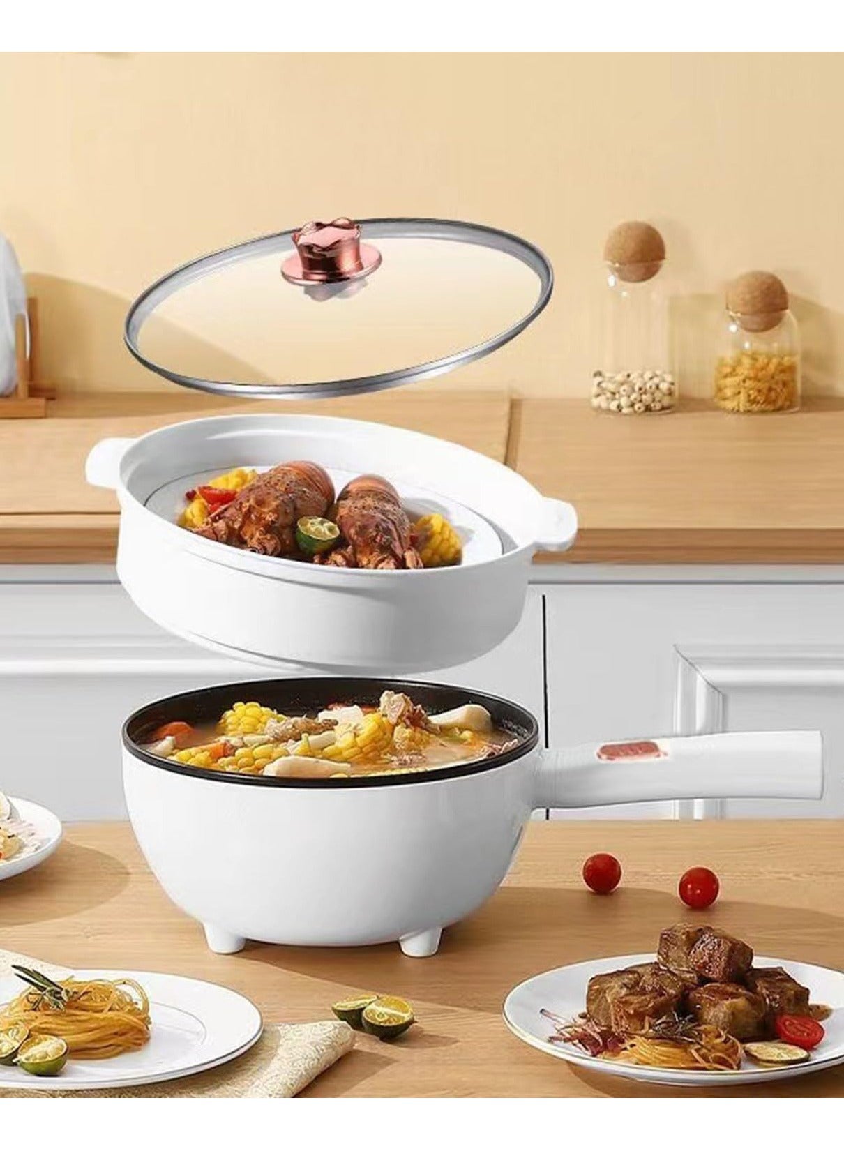 Compare Electric Hot Pot 4.0L NonStick Electric Cooker with Steamer, 3 Levels Fires Adjustable Electric Skillet, Frying Pan, Shabu, Electric Pot for Noodles, Egg, Streak, Sauté, for Dorm Office Family at KSA Price