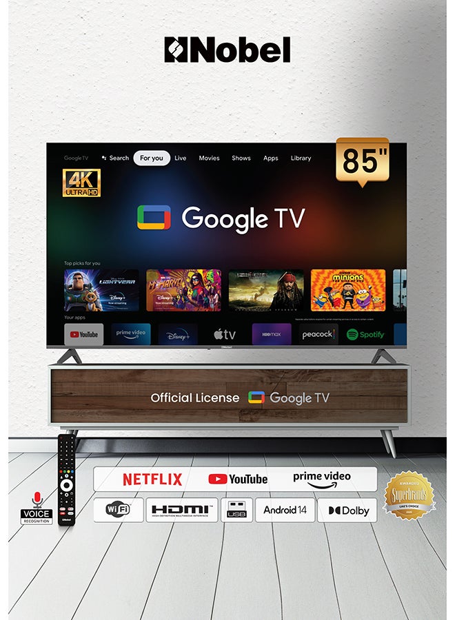 Compare Nobel 85Inch 4K UHD Google TV , Dolby Sound & Voice Control, Android 14, Smart TV, Netflix YouTube Prime, WiFi & Bluetooth Connectivity – UHD85G 1 Year Warranty UHD85G Black at KSA Price