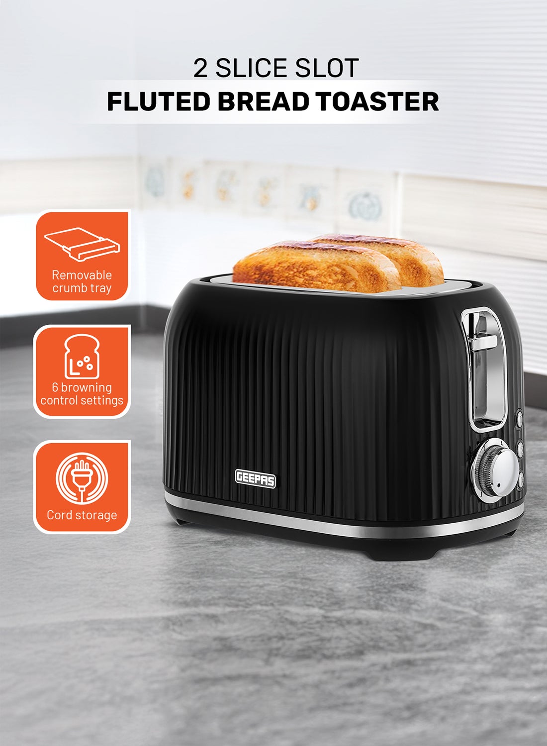 Geepas Fluted Bread Toaster- 2 Slice Slot| 6…