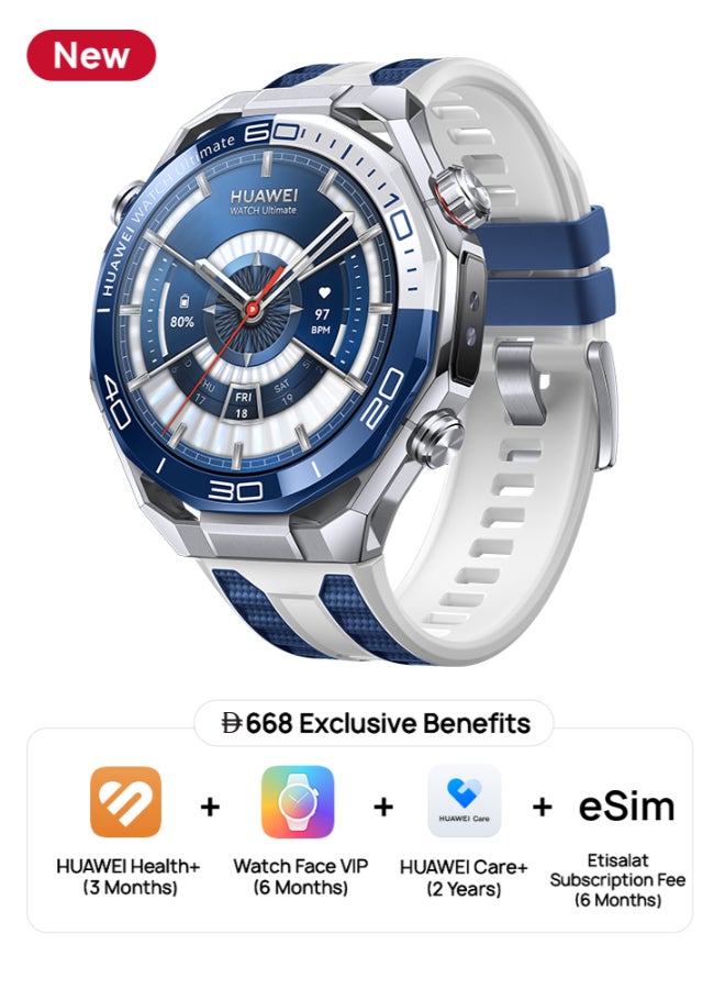 Compare Watch Ultimate 2 Smart Watch with Extra Titanium Strap, Zirconiumbased Liquid Metal case, 150Meter Diving Watch, Sonarbased Underwater Communication, Accurate Health Monitor,  eSIM cellular calling, Blue at KSA Price
