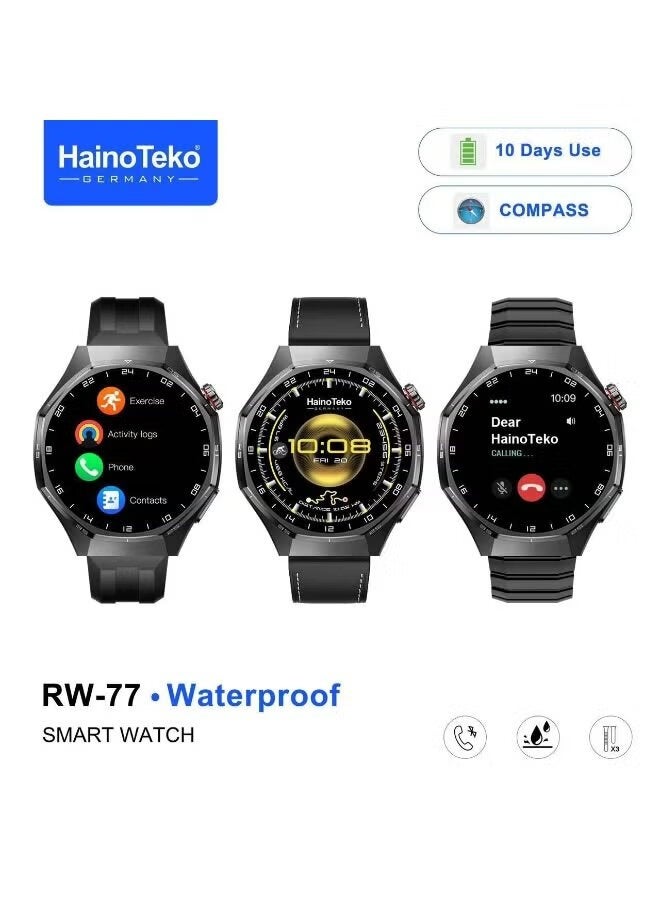 Compare RW77 Waterproof Smart Watch With AMOLED Display Bluetooth Calling 10 Days Battery Life Fitness Tracker Heart Rate Sleep Monitor 3 Straps Included Unisex Smartwatch For Ladies and Gents Black at KSA Price