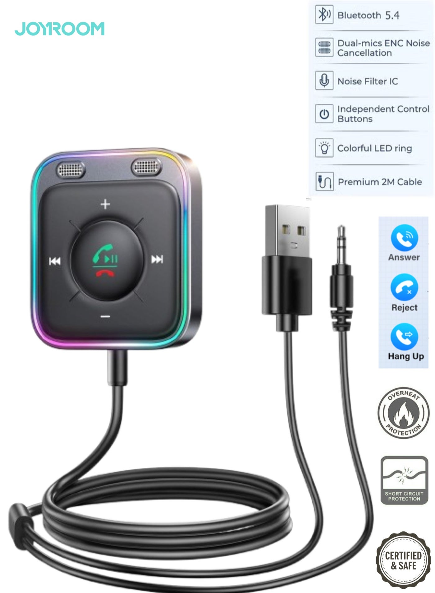 Compare Bluetooth 5.4 Car AUX Adapter with Dual ENC Mics Upgraded 2025 – Clear Calls, Strong Signal, PlugandPlay Receiver with LED Ring & OneHand Control | HandsFree Music & Calls  Overheat Protection & Safe at KSA Price