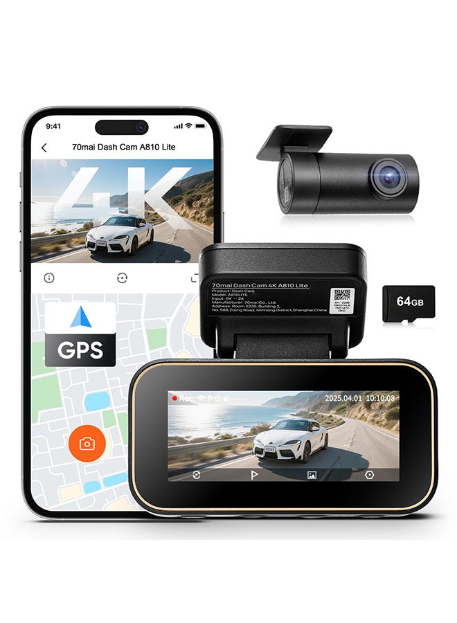 Compare 70mai A810 Lite Dash Cam, 4K Front & 1080P Rear, Night Vision, Supercapacitor, 64GB SD Card Included, GPS, 3.18 IPS Display, 24H Parking Mode Optional at KSA Price