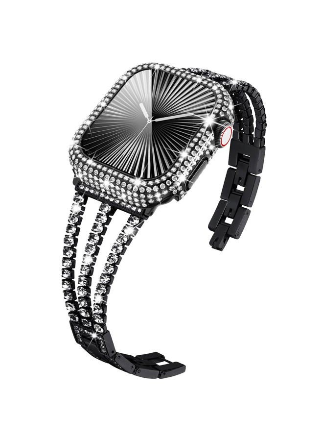 Compare Compatible for Apple Watch Band with Case Series 9 8 7, Bling Sparkling Diamond Bracelet with Full Diamonds Protective Bumper Builtin Tempered Glass Screen Protector 45mm, Black at KSA Price