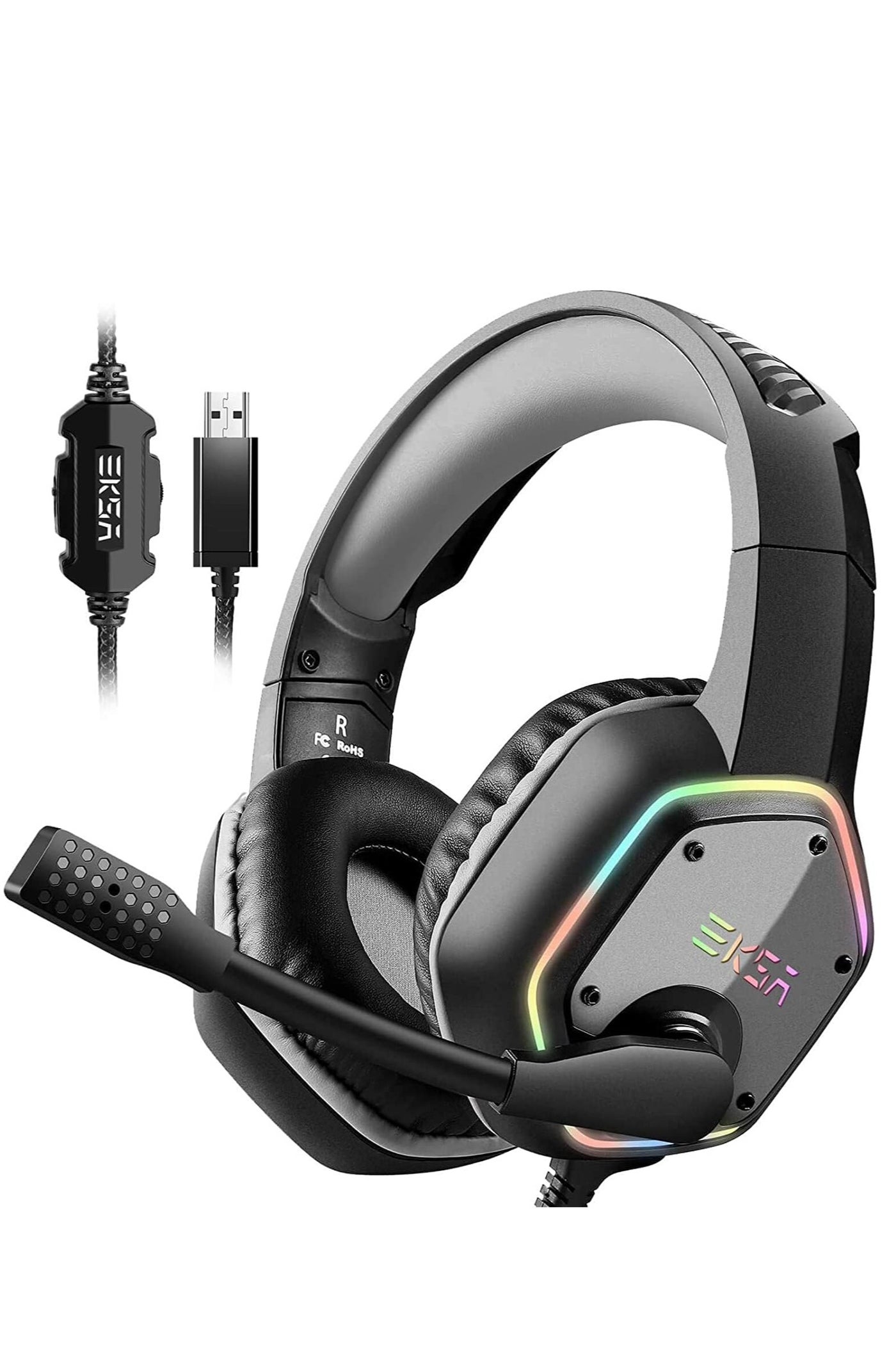 Compare EKSA USB Gaming Headset, Wired Headphones, 7.1 Surround Sound Footstep Sound Judgment, Noise Cancelling Microphone, RGB Light Casque Gaming, Over Ear Headphones for PC, PS4, PS5, Laptop, Gray at KSA Price