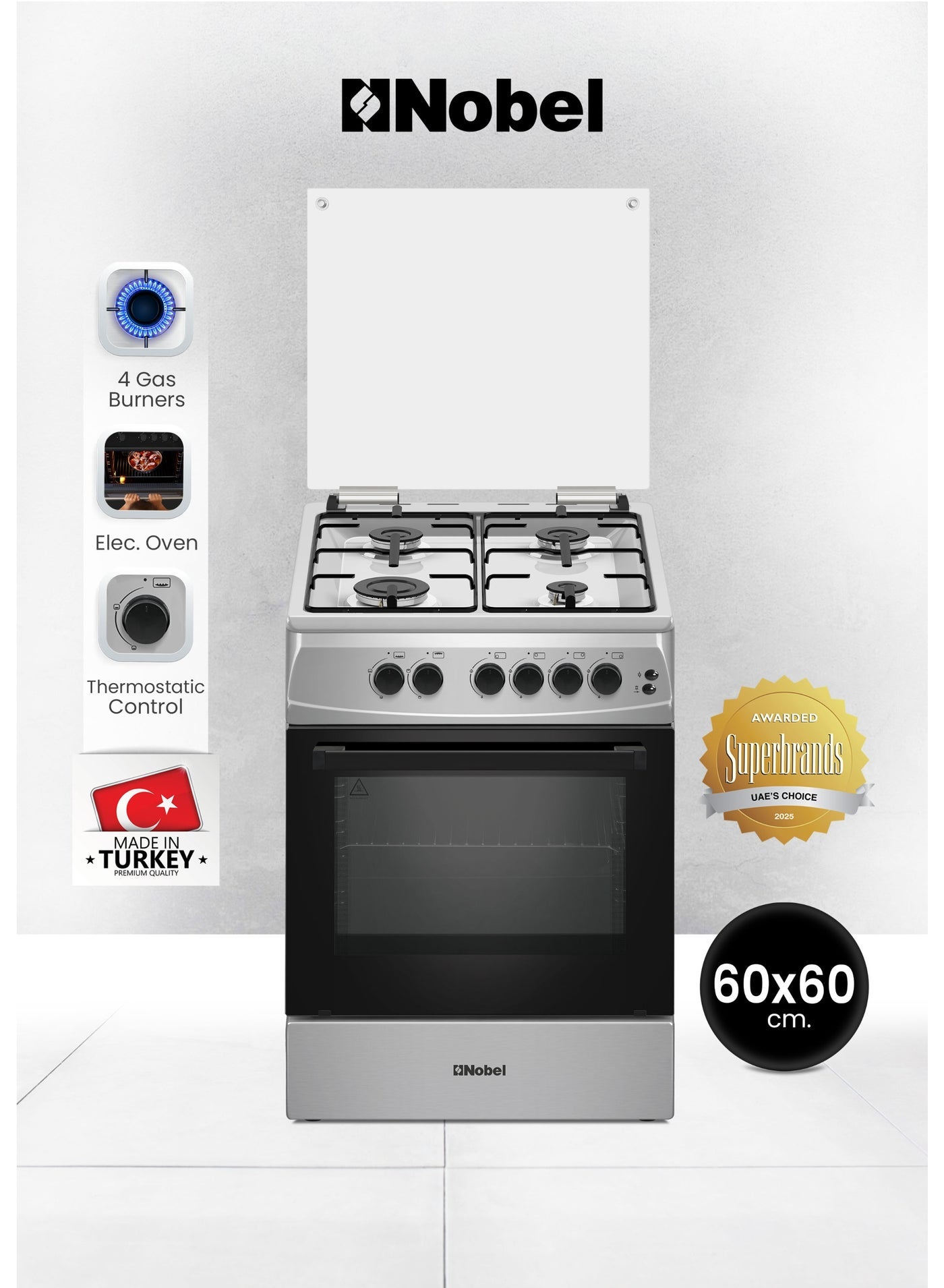 Compare 60x60cm Gas Cooking Range with 4 Euro Pool Burners 70L Gas Oven, Double Glass Door, Full PushButton Ignition, Flame Failure Safety Device, Glass Top Lid, Adjustable Legs  1 Year Warranty 4 NGC6611I silver at KSA Price
