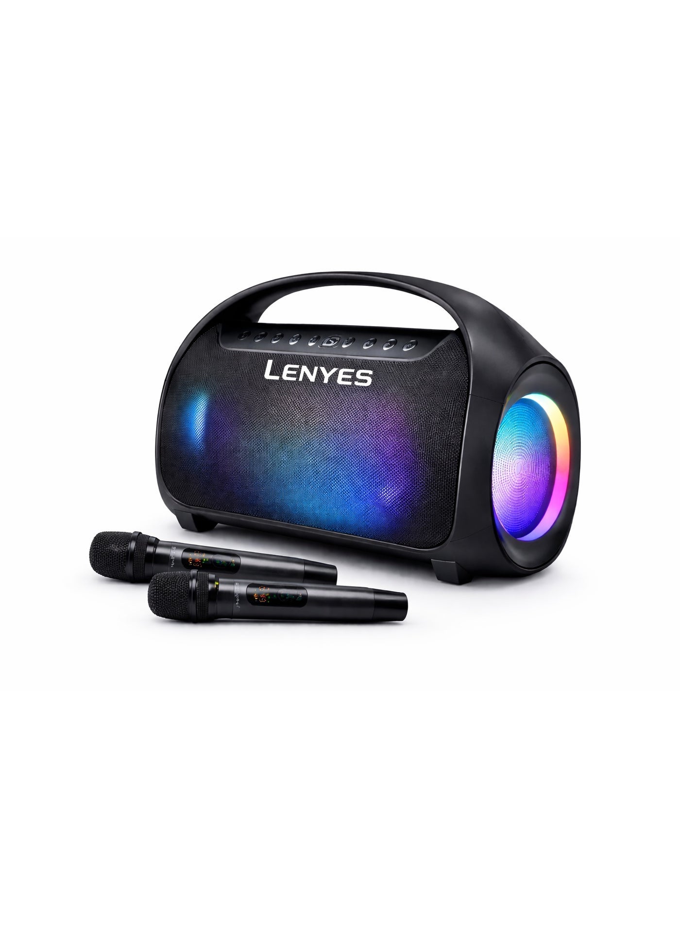 Compare Lenyes S873 Wireless Party Speaker with Dual Microphones, 60W HD Sound, Bluetooth 5.3, RGB LED Lights, Rechargeable Battery, TWS Function – Portable Karaoke Speaker at KSA Price