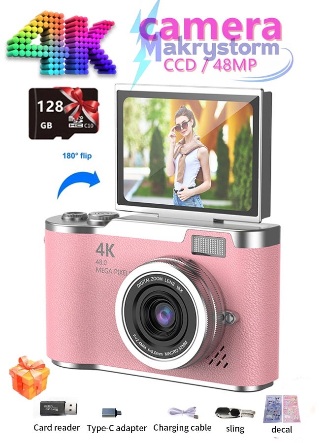 Compare 4k CCD Digital Zoom Student Digital Camera 48MP Portable Digital Photography Camera 180° Flip Screen Selfie Camera，free 128GB SD card at KSA Price