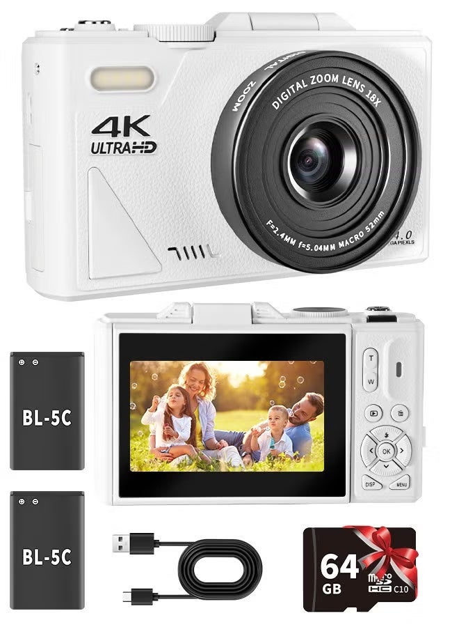 Compare Digital Camera, 4K Cameras Digital with 64GB SD Card, 64MP Digital Cameras for Photography, Vlogging Camera for Video Cameras Compact Cameras with 18X Zoom, Travel Camaras with 3 180° Flip Screen, 2 Batteries at KSA Price