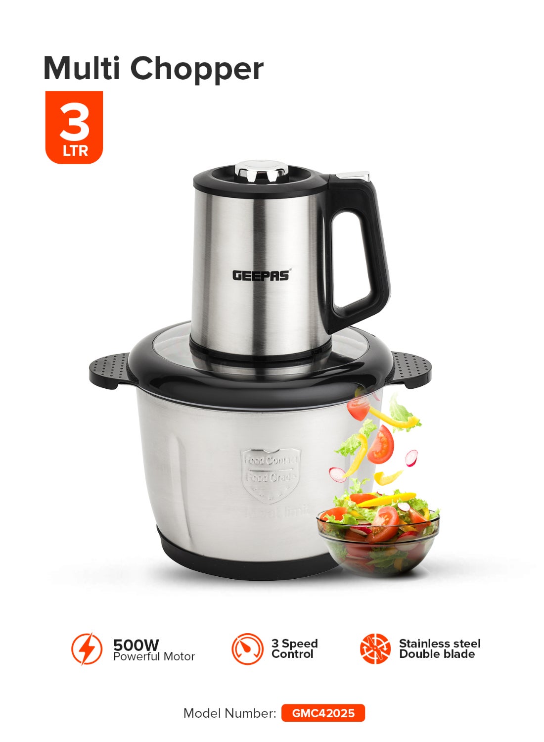 Compare MultiFunctional Electric Food Chopper, Stainless Steel Double Blade, 3Speed Control, Robust Stainless Steel Housing & Gear System, OverheatSafety Protection, AntiSlip Base, AC 220240V, 5060Hz, 3 L 3 L 500 W GMC42025N Bla at KSA Price