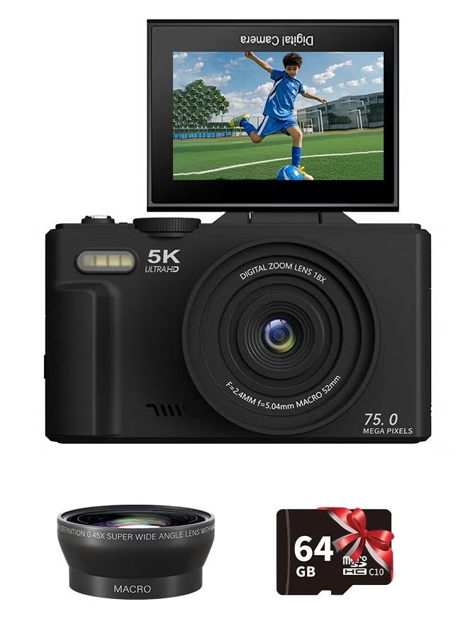 Compare 5K Digital Camera, 75MP Camera Digital for Photography, Point and Shoot Camara Vlogging Camera with 64GB SD Card, 18X Digital Cameras with 3 180° Flip Screen, Wide Angle & Macro Lens, AntiShake Compact Travel Camera for Beginner Gift at KSA Price