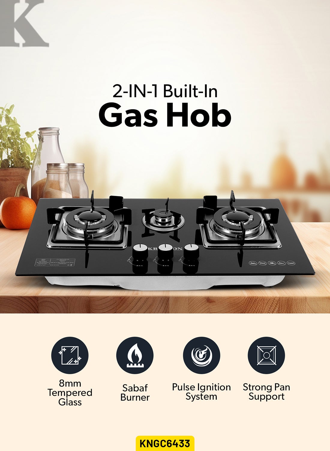 3-IN-1 Built-In Gas Hob | Tempered Glass…