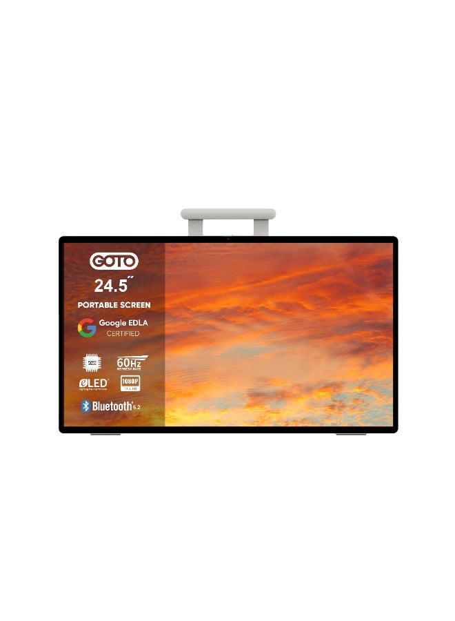 Compare GOTO 24.5 Inch Smart Screen, Google EDLA Certified OS, Full HD, 10Point Touch, Tempered Glass, Hybrid OctaCore, 8MP 4K Front Camera + Privacy Shutter, 5W USBPD Reverse Charging, DualBand WiFi 6, Bluetooth 5.2, 2×7W Woofer + 2×3W Tweeter, WiredWireless Mirroring, 0°–90° Kickstand, VESAMount Ready, G25EEF1TN60 at KSA Price