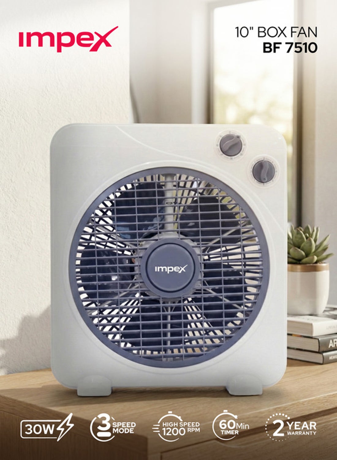 Compare 10 Inch Box Fan Table Fan With 3 Speed Modes, 60 Minute Timer, Child Safety Guard  Powerful, Quiet, And Durable BF 7510 White at KSA Price
