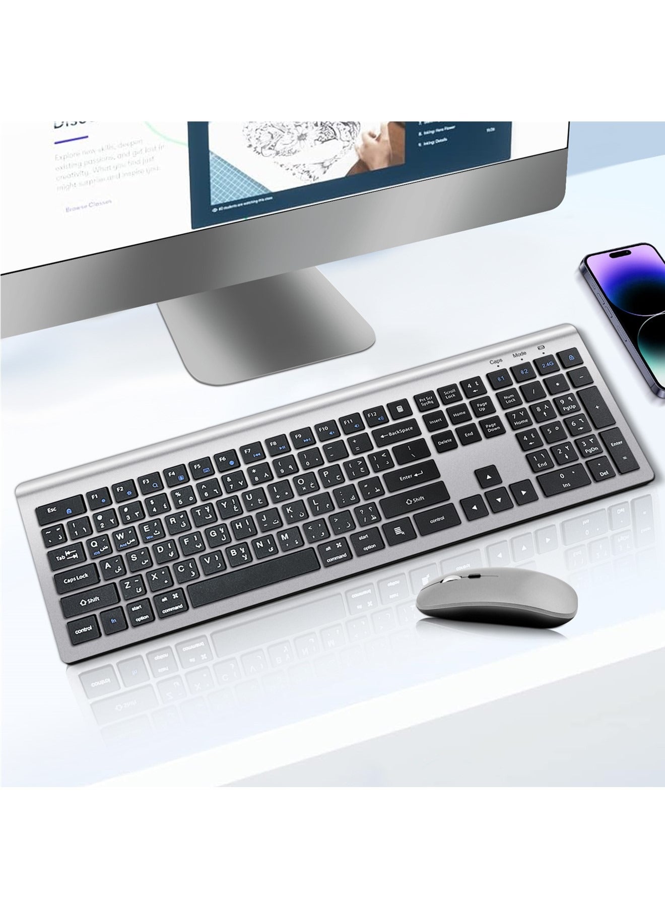 Compare Arabic English Wireless Keyboard and Mouse: 2.4G Bluetooth Rechargeable  Full Size Silent Keyboard Mouse with Number Pad for iOSWindowsAndroid  for MacBookAiriPadiPhone, Computer, Laptop at KSA Price