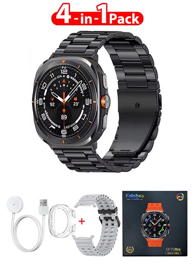 Compare SK7 Ultra Smartwatch Bundle With Accessories Including 1 Black Stainless Steel Band 1 Grey Silicone Band a Charging Cable and a TPU Case Protector at KSA Price