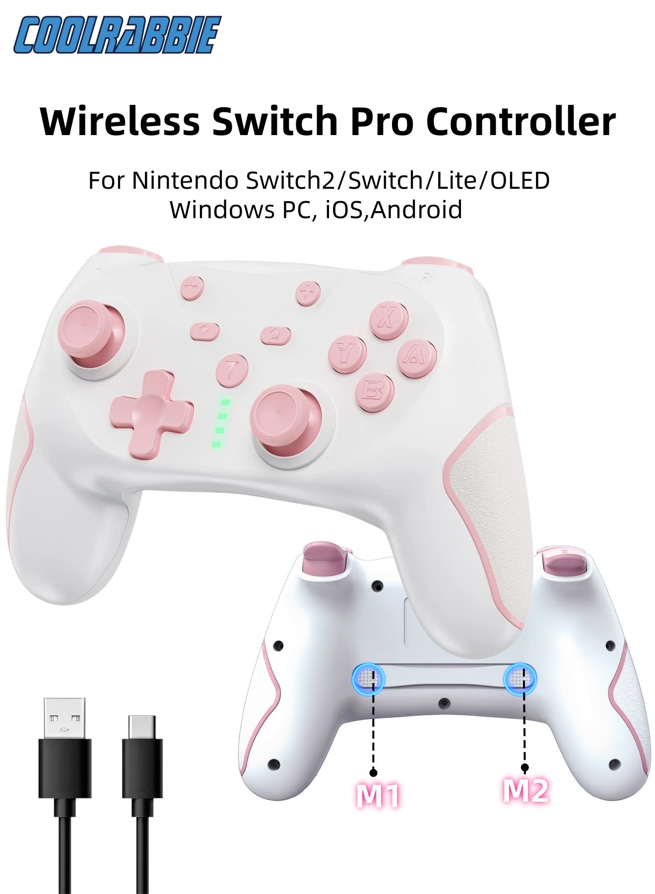 Compare Wireless Gaming Controller for Nintendo Switch 2SwitchSwitch LiteSwitch OLEDPCSteam DeckiOSAndroid, Wireless Switch Pro Controller with 2 back buttons, Hall Effect Joystick Gamepad,3level TURBO adjustableWhite&Pink at KSA Price