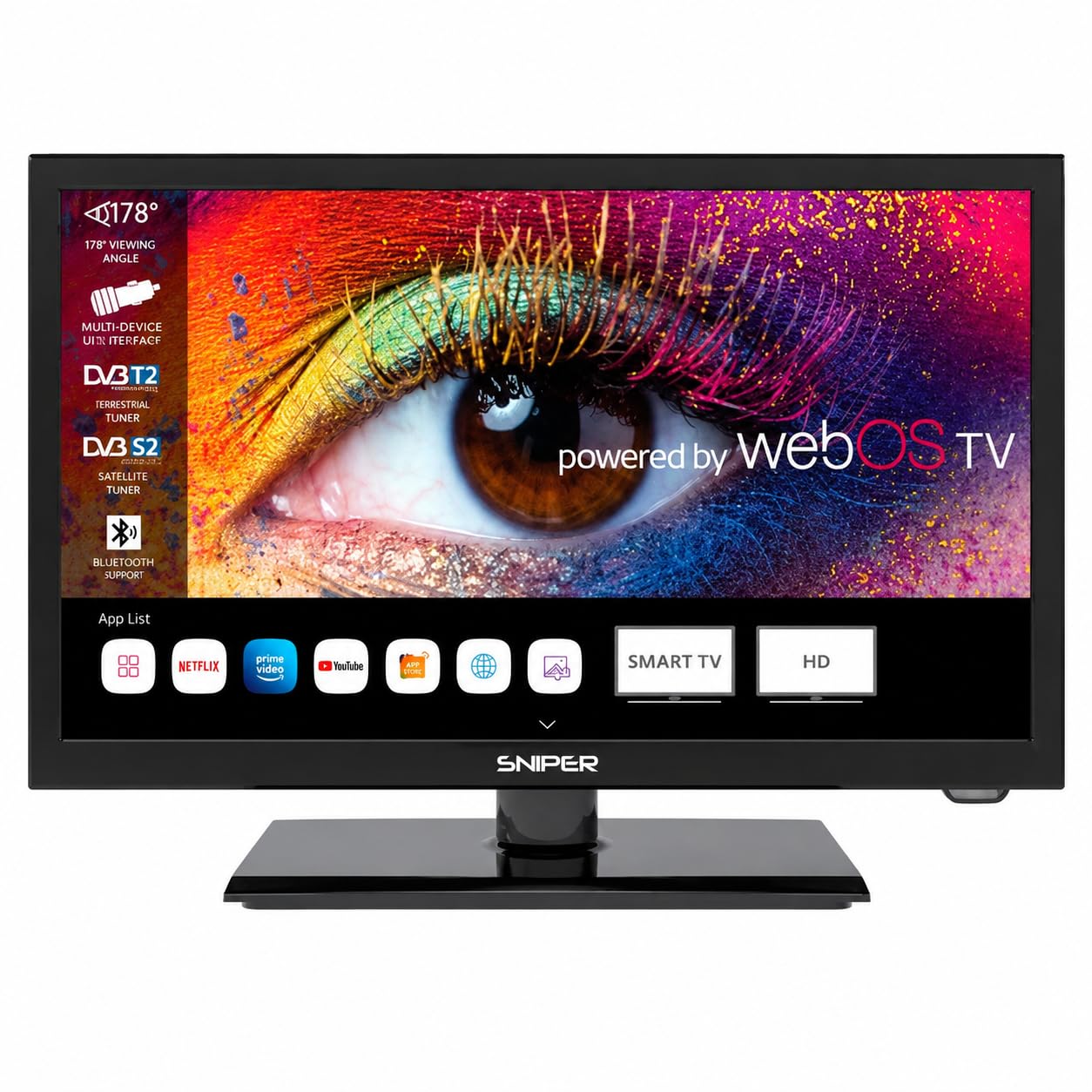 Compare Sniper 22″ SMART LED Camping TV – webOS – Bluetooth 5.0, Wifi, Freeview Tuner, Satellite Tuner, Streaming & Catchup, 3 x HDMI, 2 x USB, Multimedia player, HD at KSA Price