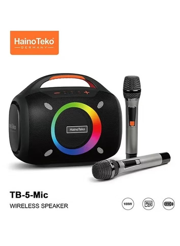 Compare TB5 Portable Wireless Bluetooth Speaker with 2 Wireless Mics – 100W Output Power, RGB Lighting, MultiFunctional Button Control, Indoor & Outdoor Use, Black at KSA Price