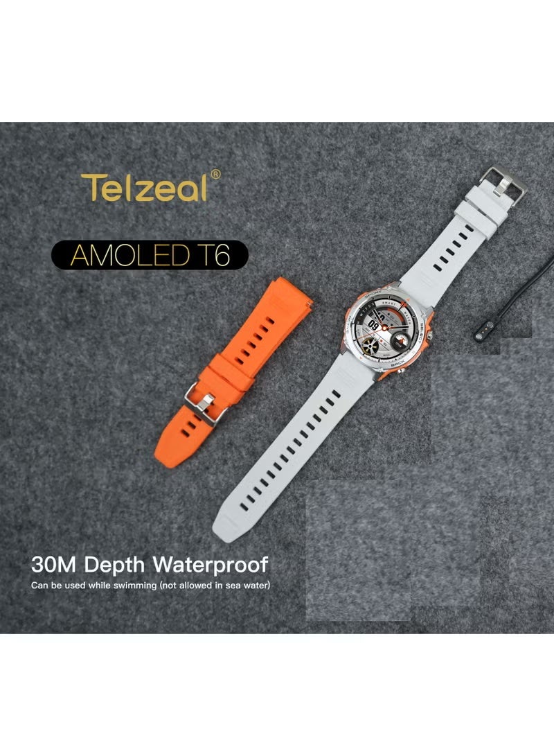Compare AMOLED T6 Smartwatch with AMOLED Display – 30M Waterproof, 2 Interchangeable Straps, Magnetic Charger, Fitness & Health Tracking, Sleep Monitoring, Bluetooth Notifications, Sleek Silver Design for Men, Sports, Work, Daily Use at KSA Price