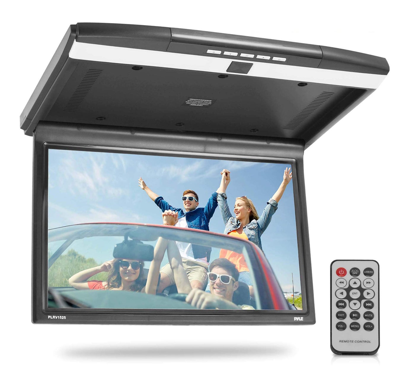 Compare Pyle 156Inch Overhead FlipDown Car Monitor HiRes 1680x800p Widescreen Car Roof Mount Monitor Vehicle Flip Down Overhead Screen wIR FM Transmitter USBSD HDMI AV Stereo Speaker PLRV1525 at KSA Price
