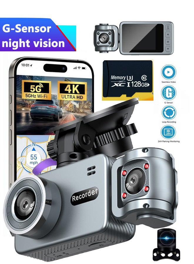 Compare 360° Dash Cam Front, 4K Full HD Dash Camera ThreeChannel Dash Cam, Rear Inside with 128g SD Card,  4K+720P+720P Dashcam 5G WiFi Dash Camera with Hardwire kit for Cars, IR Night Vision, G Sensor, 24H Parking Mode at KSA Price
