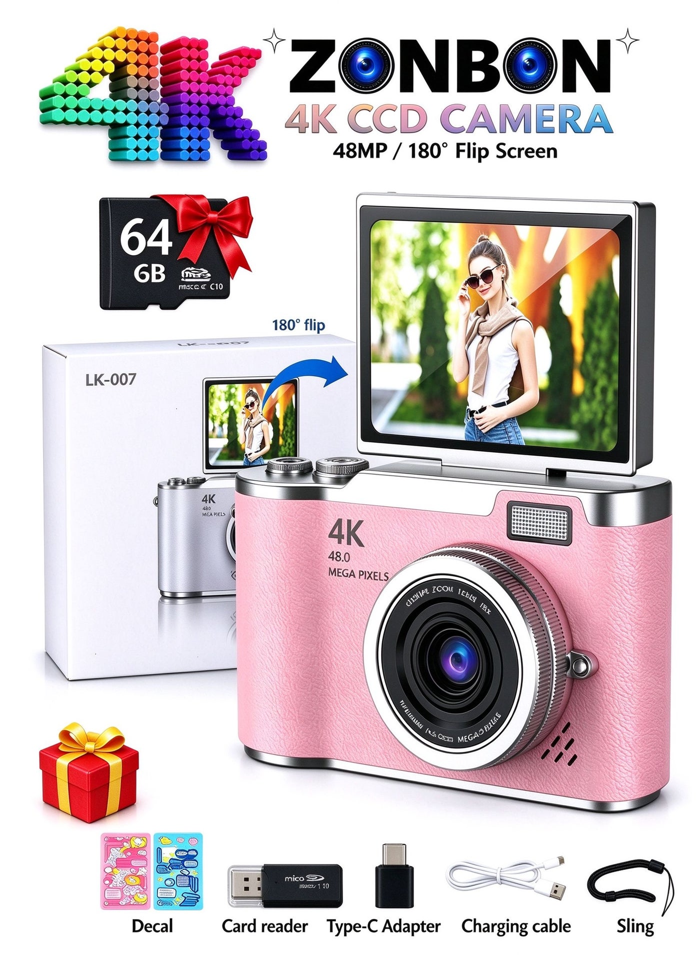 Digital Camera With 64GB Memory Card 4k CCD Digital…