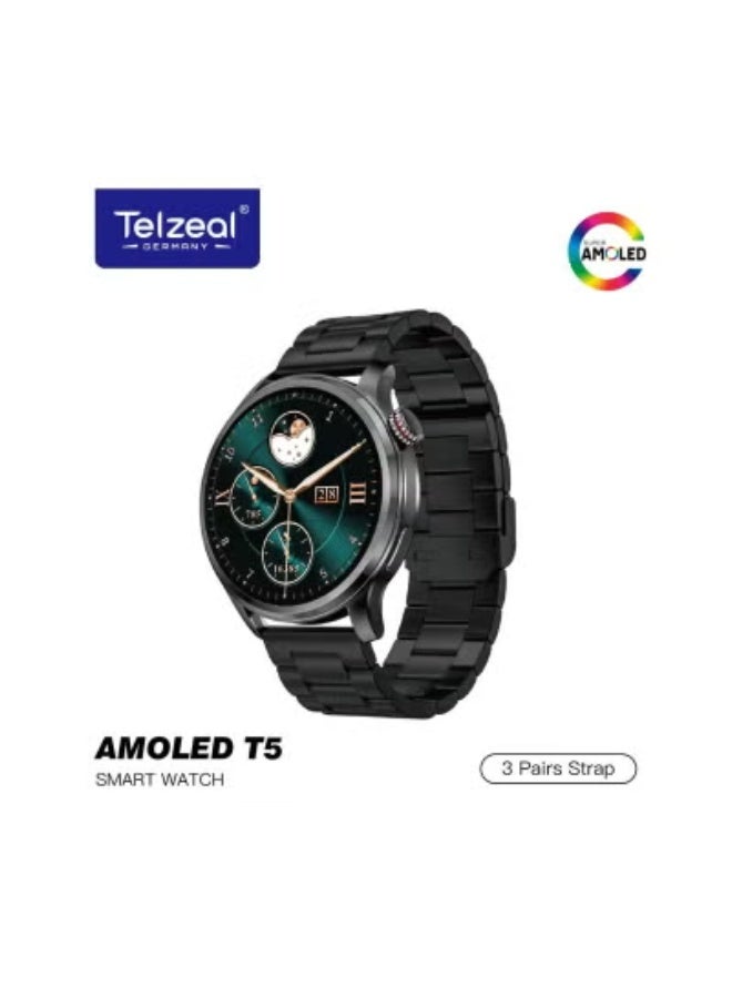 Compare AMOLED T5 Waterproof Smart Watch for Men with Large AMOLED Full Touch Display, 3 MultiStyle Straps, AllDay Heart Rate & Sleep Monitor, MultiSport Fitness Tracker, Long Battery Life, Smart Notifications, Charging Cable Included – Black at KSA Price