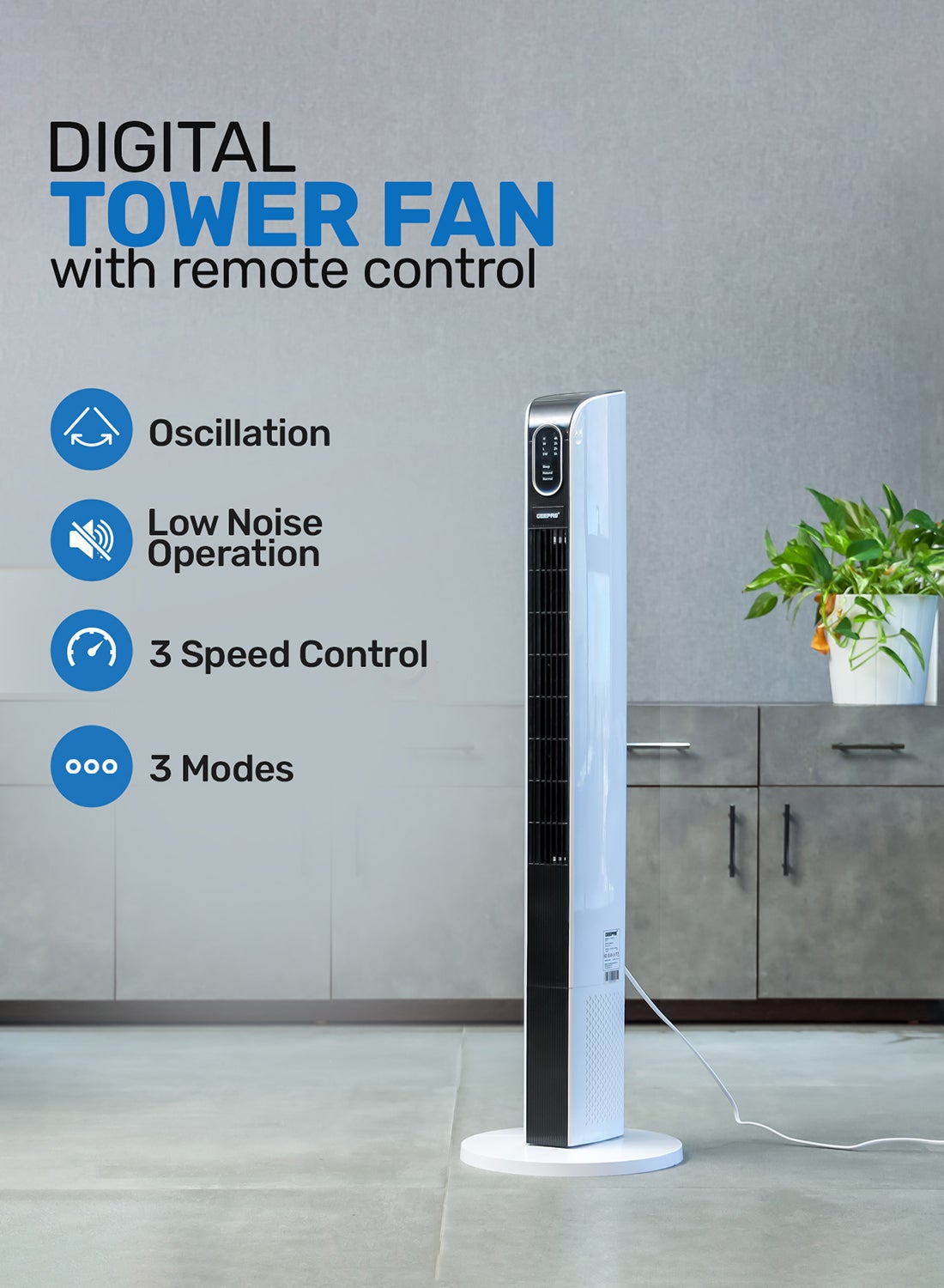 Compare Digital Tower Fan| With Silent, Smooth and Safe Operation| Automatic Oscillation Function and Wide Range, 3 Speeds: Low, Middle and High| Ideal For Home, Office, Garage, Apartment| 2 Years Warranty GF21167 White, Black at KSA Price