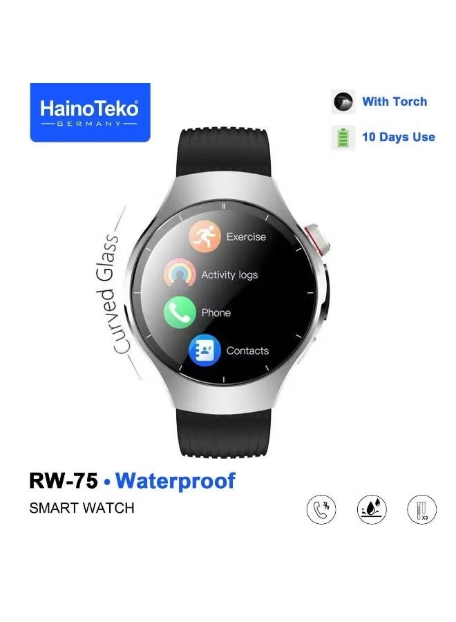 Compare RW75 Waterproof Smart Watch – Curved AMOLED Display, Bluetooth Calling, Heart Rate & Sleep Monitoring, MultiSport Modes, Long Battery Life, 3 Interchangeable Straps & Charging Cable – Stylish Gents Smartwatch Silver at KSA Price