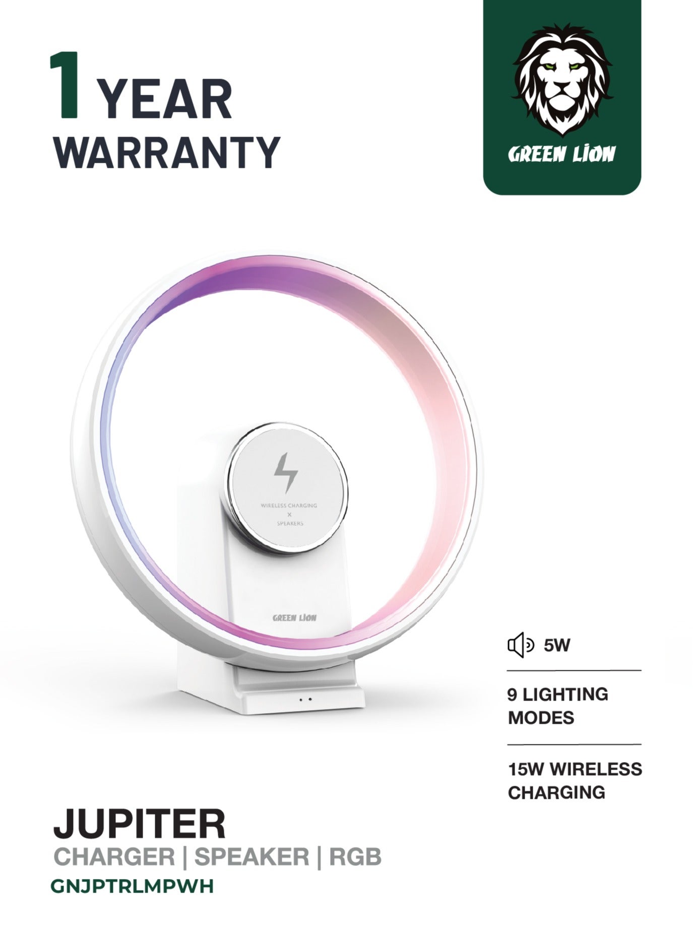 Compare Jupiter Bluetooth Speaker and Wireless Charger 15W with Table Lamp  Transmission Range 20 m  Charging Time: 1.5 Hrs  Lights 100 RGB LEDs & 9 Lighting Modes  Input Port TypeC  2 Hrs Working Time  White at KSA Price