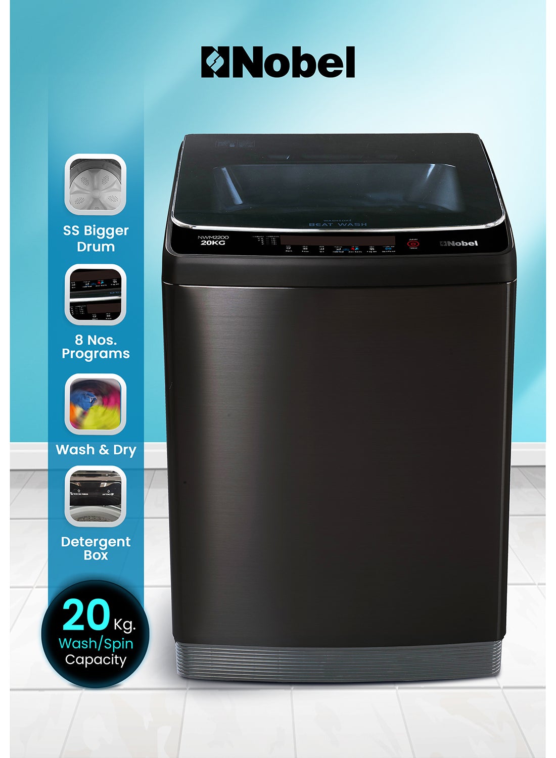 Compare 20 KG Automatic Top Load Washer  Fully Automatic, Copper Motor, 8 Programs, Stainless Steel Tub, Digital Display, and More for Superior Cleaning Performance  NWM2200 Black at KSA Price