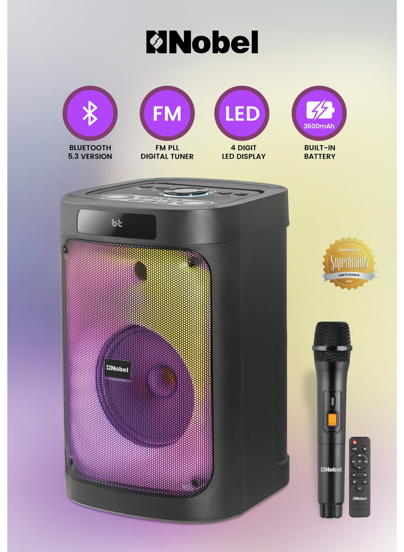 Compare Nobel Portable Bluetooth Speaker 40W HiFi with Karaoke Mic Input & Digital Echo, FM Radio, Magic Ring LED Lights, Remote Control, Builtin Rechargeable Battery, Bluetooth 5.3 – NPS11A 1 Year Warranty at KSA Price