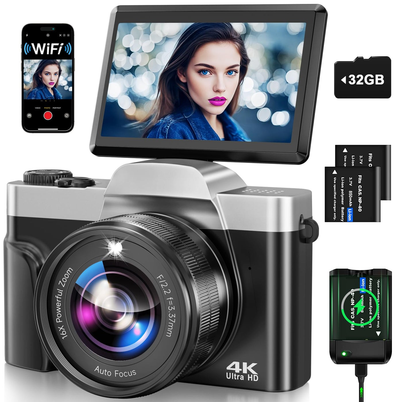 Compare 4K Digital Camera for Photography with WiFi, 2025 Latest AutoFocus Vlogging Camera for YouTube Video 3 180Â° Flip Screen Travel Cameras 16X Zoom AntiShake 4K Cameras with SD Card, 2 Batteries at KSA Price