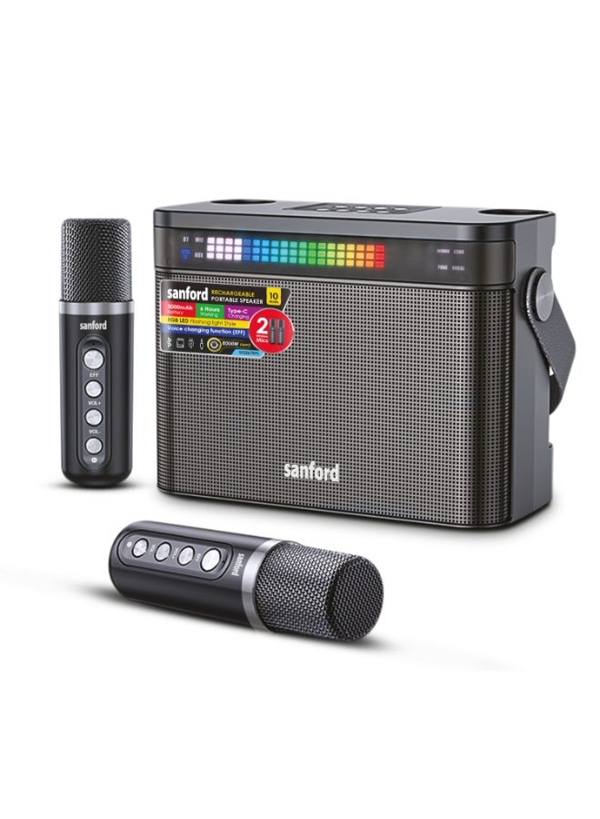Compare 3in1 Portable Karaoke Speaker with 2 Wireless Mics, Bluetooth V5.0, 10W Speaker, 3000mAh Battery, RGB Light, TypeC Charging & Voice Changing Function at KSA Price
